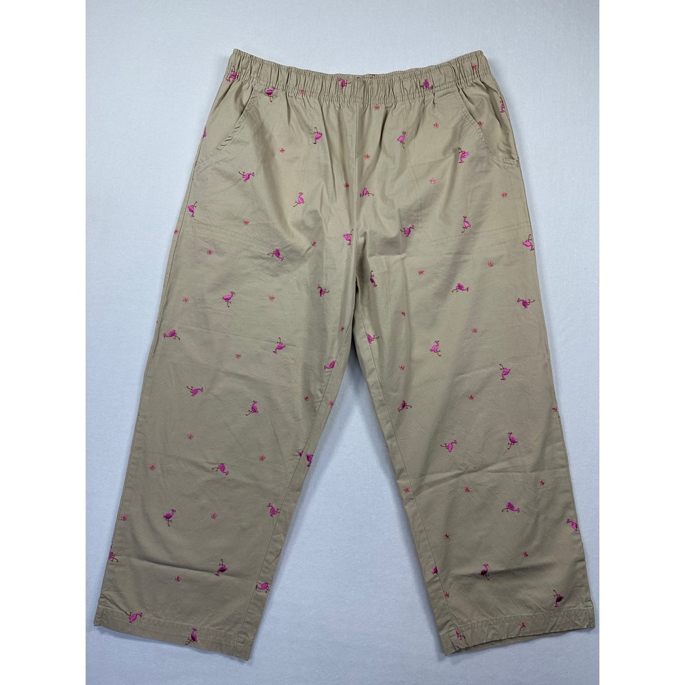 Khaki Embroidered Pink Flamingo Capri Pants Sz M Elastic Preppy Tropical Coastal